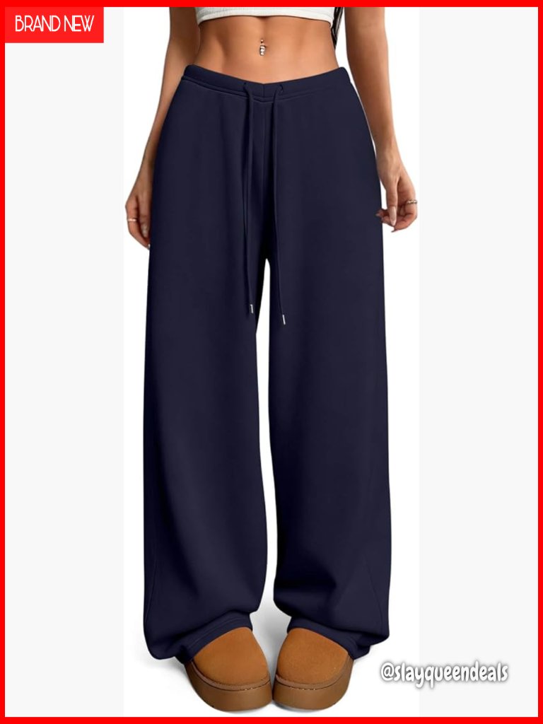 Fleece Lined Wide Leg Sweatpants With Pockets High Rise Y2k